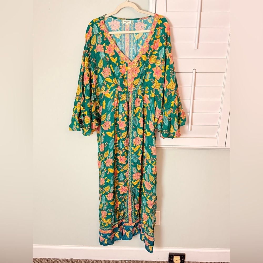 World Market Floral Boho Maxi Dress L/XL Green Pink Viscose